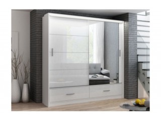 MERLIN wardrobe, white gloss + mirror 208cm