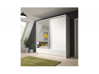 Aron I - Sliding Door Wardrobe 204cm with 2 drawers - White,  White Gloss+ Mirror