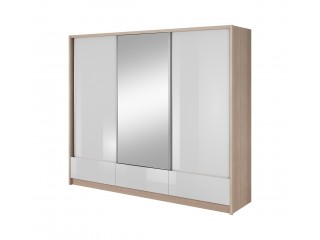 Aron - Szafa przesuwna z lustrem i szufladami 250 cm - Dąb Sonoma,  Biały połysk + lustro