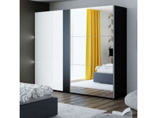 TUNIS wardrobe 200cm, black/white gloss + large mirror + LED