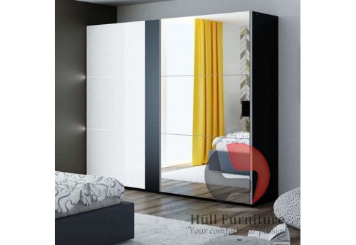 TITAN wardrobe 200cm, black/white gloss + large mirror + LED