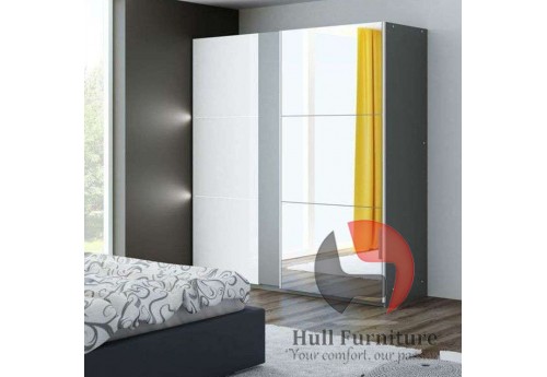 TITAN wardrobe 200cm, graphite/white gloss + large mirror + LED