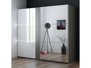 TUNIS  wardrobe 250cm, graphite/white gloss + large mirror + LED