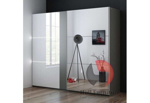 TITAN wardrobe 250cm, graphite/white gloss + large mirror + LED