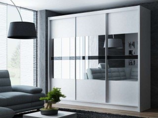 BATIA wardrobe 250cm, 3 mirrors with black glass, white matt