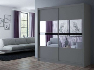 BATIA wardrobe 200cm, 2 mirrors with black glass, graphite