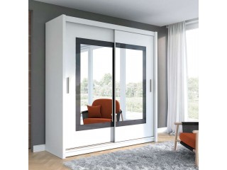 PRIM wardrobe 200cm, white mat + grey glass + large mirrors
