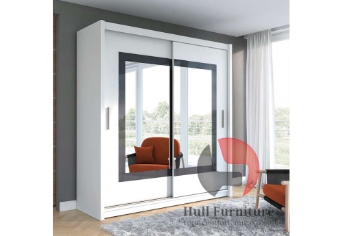 PRIM wardrobe 200cm, white mat + grey glass + large mirrors