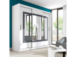 PRESTON wardrobe 250cm, white mat + grey glass + large mirrors
