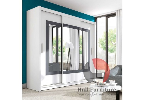 PRIM wardrobe 250cm, white mat + grey glass + large mirrors