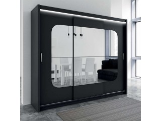 BELITA wardrobe 250cm, black matt + mirrors + led lights