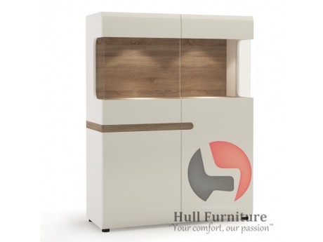 Abbie - Low Display Cabinet 109 cm wide in white high gloss MDF with an Truffle Oak trim.