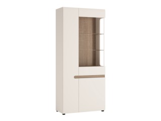 Tall Glazed Wide Display unit (LHD) in white with an Truffle Oak Trim in white high gloss MDF with an Truffle Oak trim.